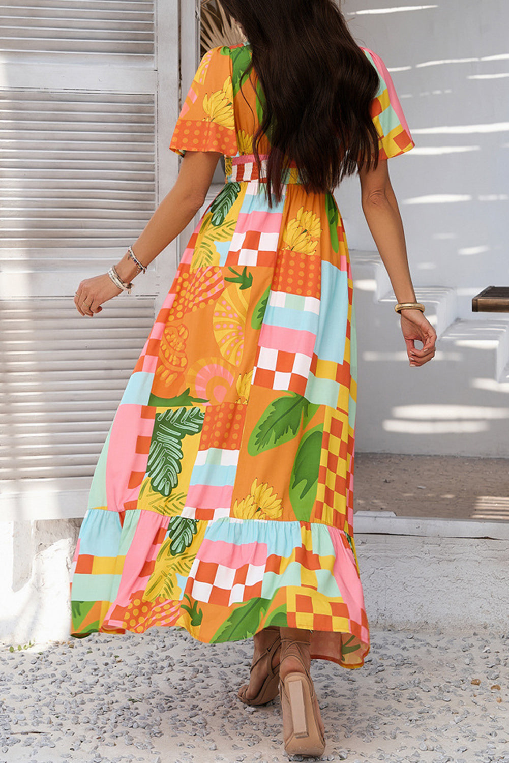 Orange Floral Print Smocked Empire Waist V Neck Maxi Dress