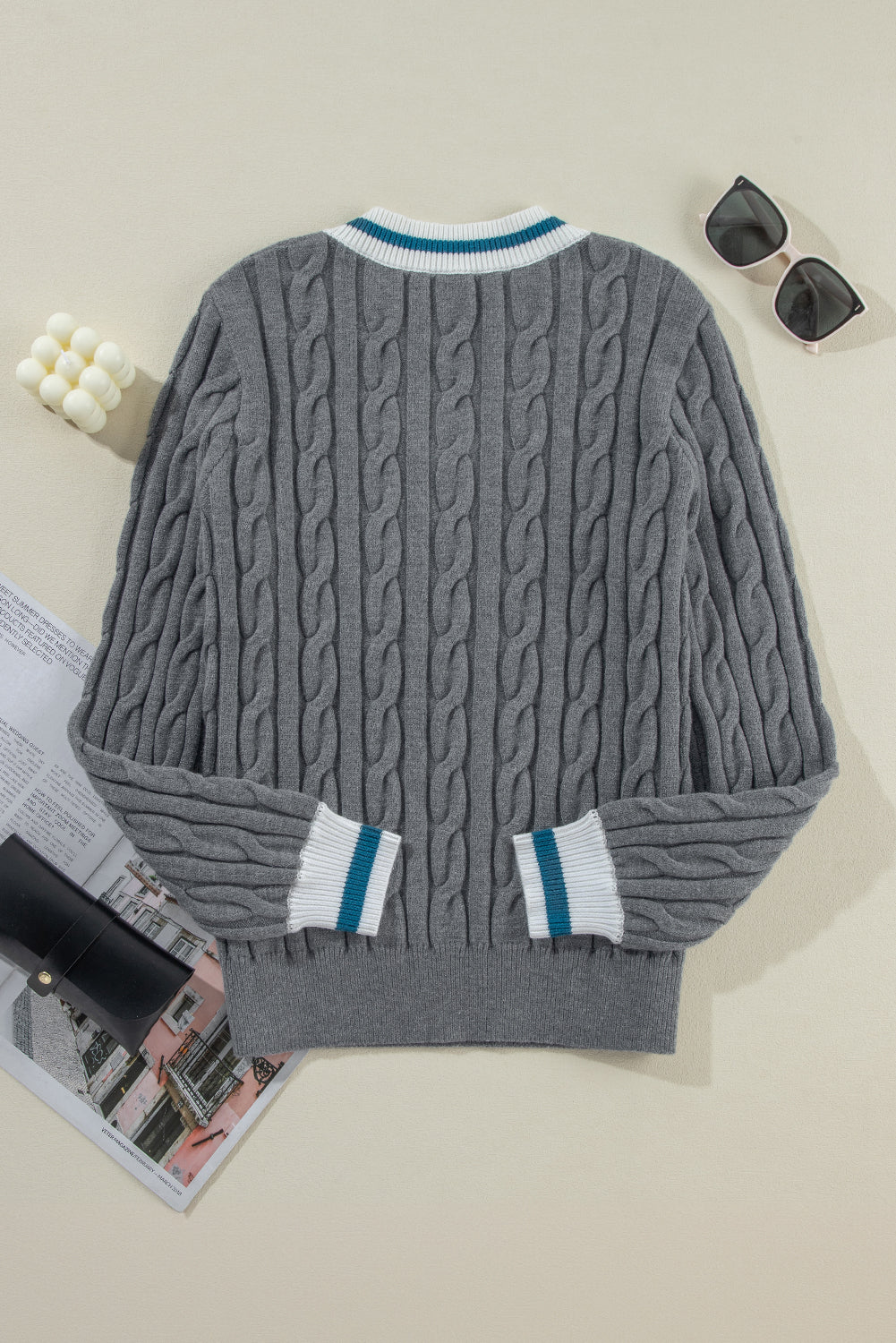 Medium Grey Color Contrast Ribbed Edge Cable Knit V Neck Sweater