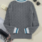 Medium Grey Color Contrast Ribbed Edge Cable Knit V Neck Sweater