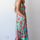 Green Abstract Print Smocked Bodice Knotted Straps Ruffled Maxi Dress