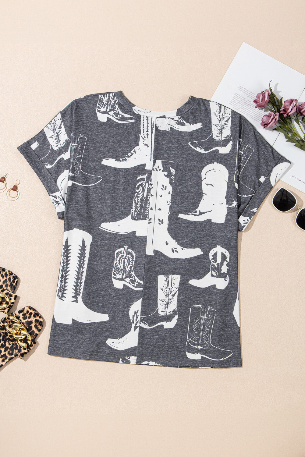 Gray Plus Size Western Boots Print Crew Neck T Shirt