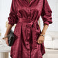 Burgundy Sleek Leopard Long Sleeve Tie Waist Shirt Dress