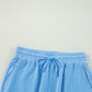 Blue Solid Corded Knit Short Sleeve T Shirt and Wide Leg Pants Set