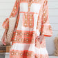 Orange Geometric Print Ruffle Tiered Button V Neck Dress