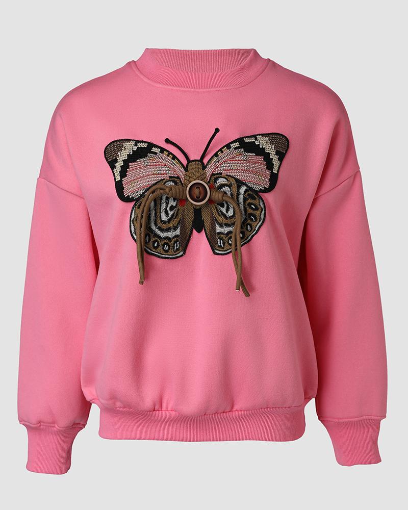 Butterfly Pattern Fleece Lined Sweatshirt Long Sleeve Crewneck Casual Loose Vintage Pullover Tops