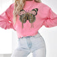 Butterfly Pattern Fleece Lined Sweatshirt Long Sleeve Crewneck Casual Loose Vintage Pullover Tops