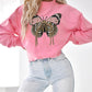 Butterfly Pattern Fleece Lined Sweatshirt Long Sleeve Crewneck Casual Loose Vintage Pullover Tops