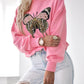 Butterfly Pattern Fleece Lined Sweatshirt Long Sleeve Crewneck Casual Loose Vintage Pullover Tops