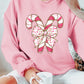 Pink Christmas Bow Candy Cane Graphic Drop Shoulder Crew Neck Sweatshirt