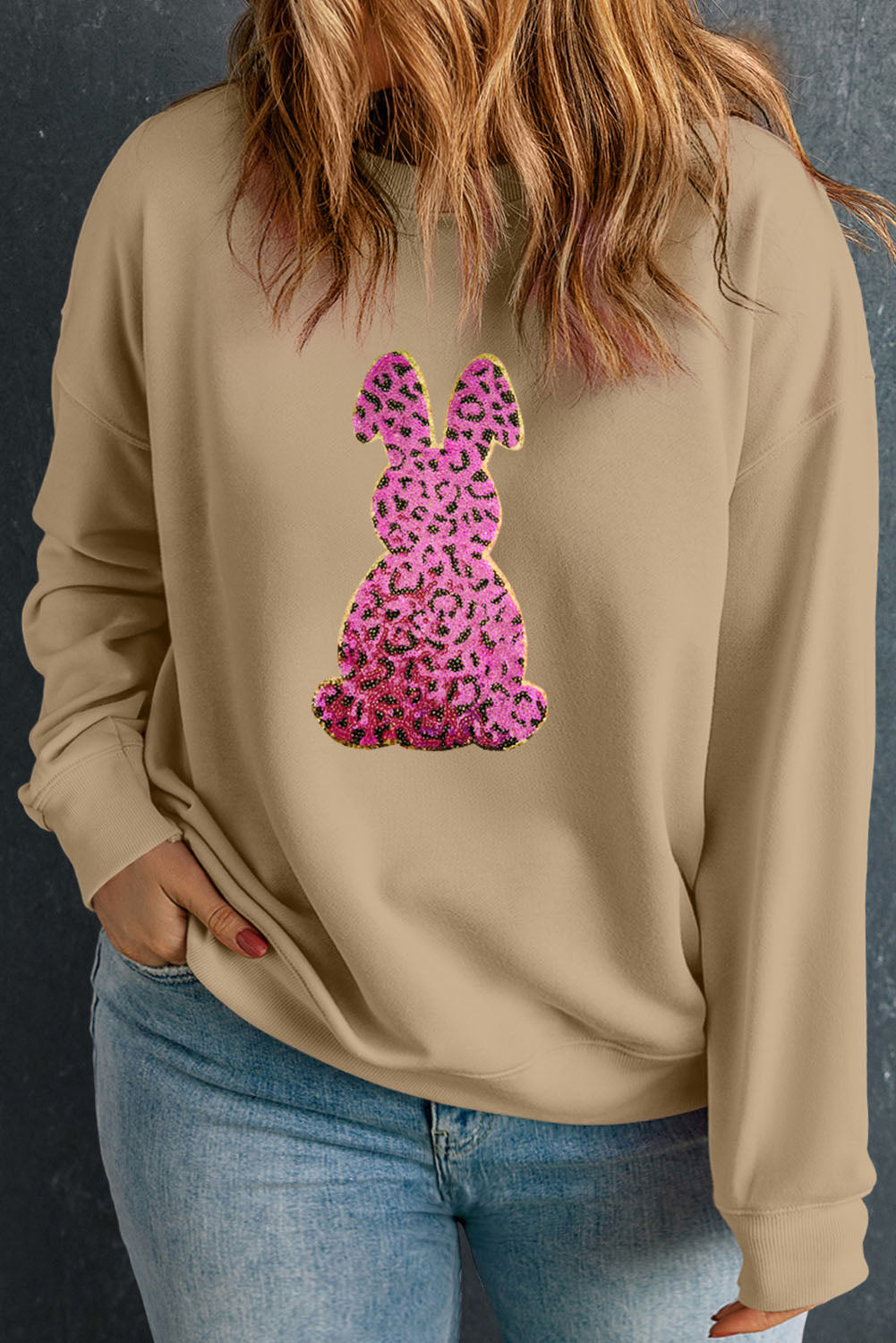 Apricot Easter Rabbit Sequin Patch Graphic Plus Size Sweatshirt