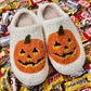 White Halloween Pumpkin Print Plush Slippers (Runs Small, Size Up)