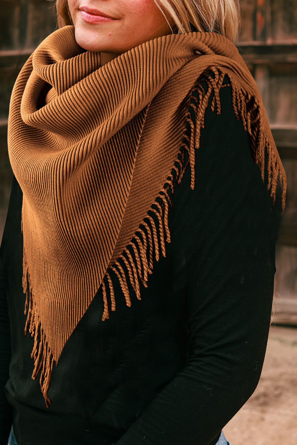 Chestnut Bohemian Fringe Trim Textured Scarf