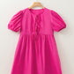 Bright Pink Solid Color Puff Sleeve Tie Front High Waist Mini Dress