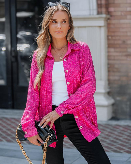 Allover Sequin Button down Long Sleeve Shirt Top