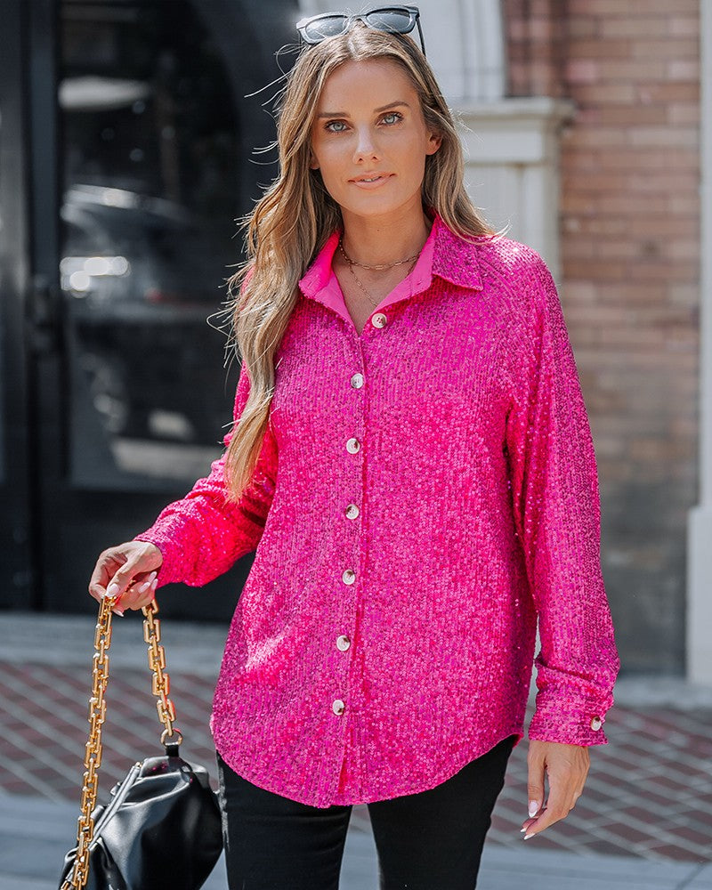 Allover Sequin Button down Long Sleeve Shirt Top