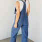 Prussian Blue Mineral Wash Knotted Strap Patched Pocket Wide Leg Denim Overalls