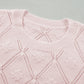 Gossamer Pink Openwork Plaid Puff Sleeve Cropped Sweater