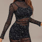 3 Pieces Glitter Sequin Long Sleeve Sheer Mesh  Bodycon Dress with Crop Tank Skinny Shorts