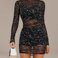 3 Pieces Glitter Sequin Long Sleeve Sheer Mesh  Bodycon Dress with Crop Tank Skinny Shorts