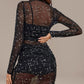 3 Pieces Glitter Sequin Long Sleeve Sheer Mesh  Bodycon Dress with Crop Tank Skinny Shorts