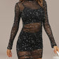 3 Pieces Glitter Sequin Long Sleeve Sheer Mesh  Bodycon Dress with Crop Tank Skinny Shorts