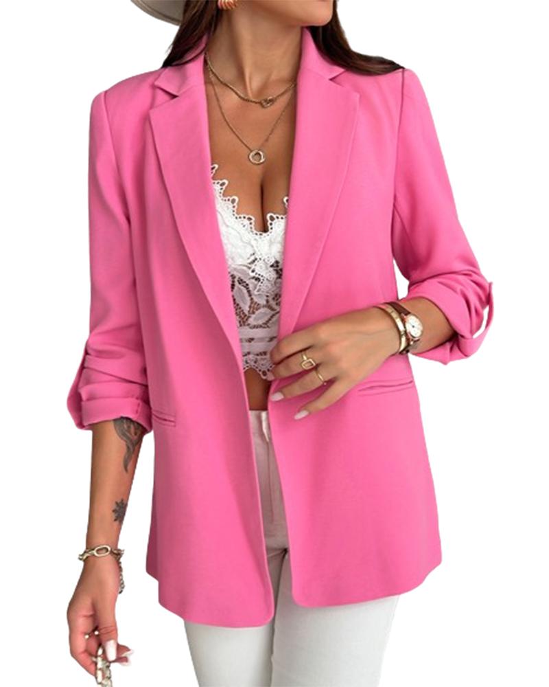 Notched Collar Roll Up Sleeve Blazer Coat