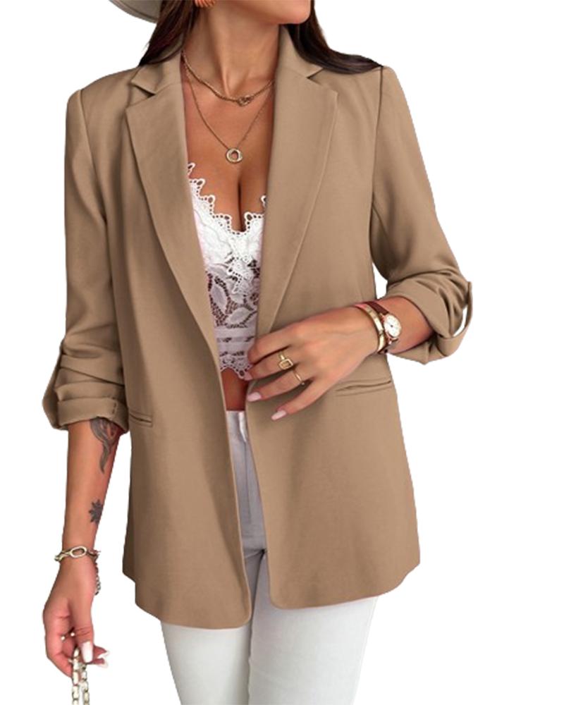 Notched Collar Roll Up Sleeve Blazer Coat