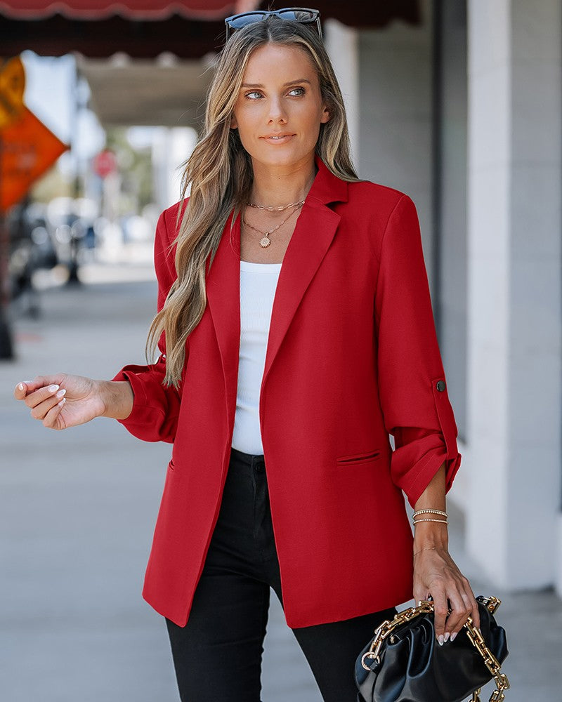 Notched Collar Roll Up Sleeve Blazer Coat