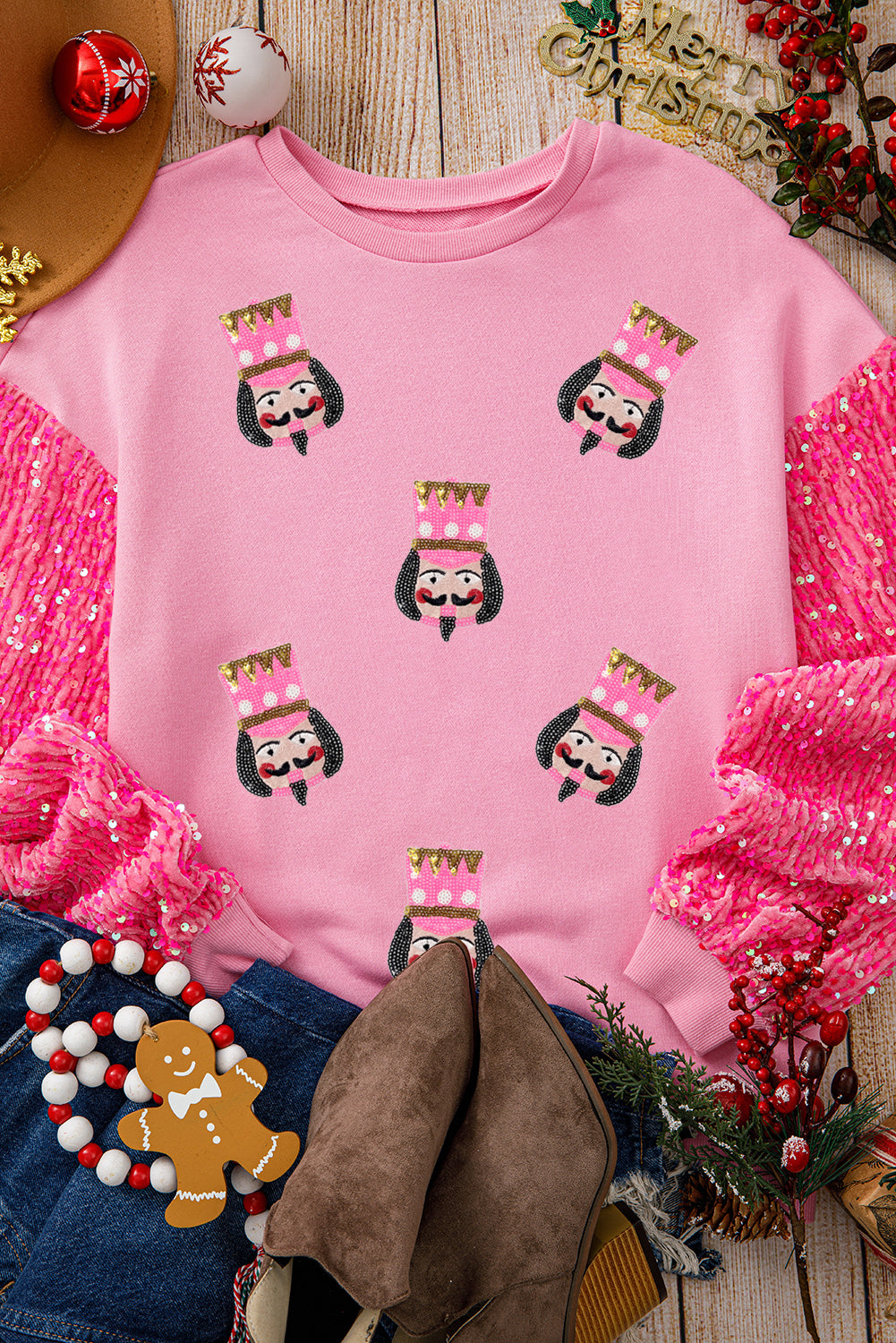 Pink Christmas Nutcracker Graphic Sequin Patchwork Long Sleeve Top