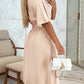 V Neck Flutter Sleeve Front Button Shirred Cinch Waist Flare Dress Elegant Dress