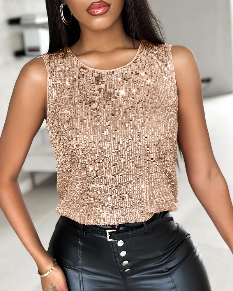 Allover Sequin Round Neck Tank Top