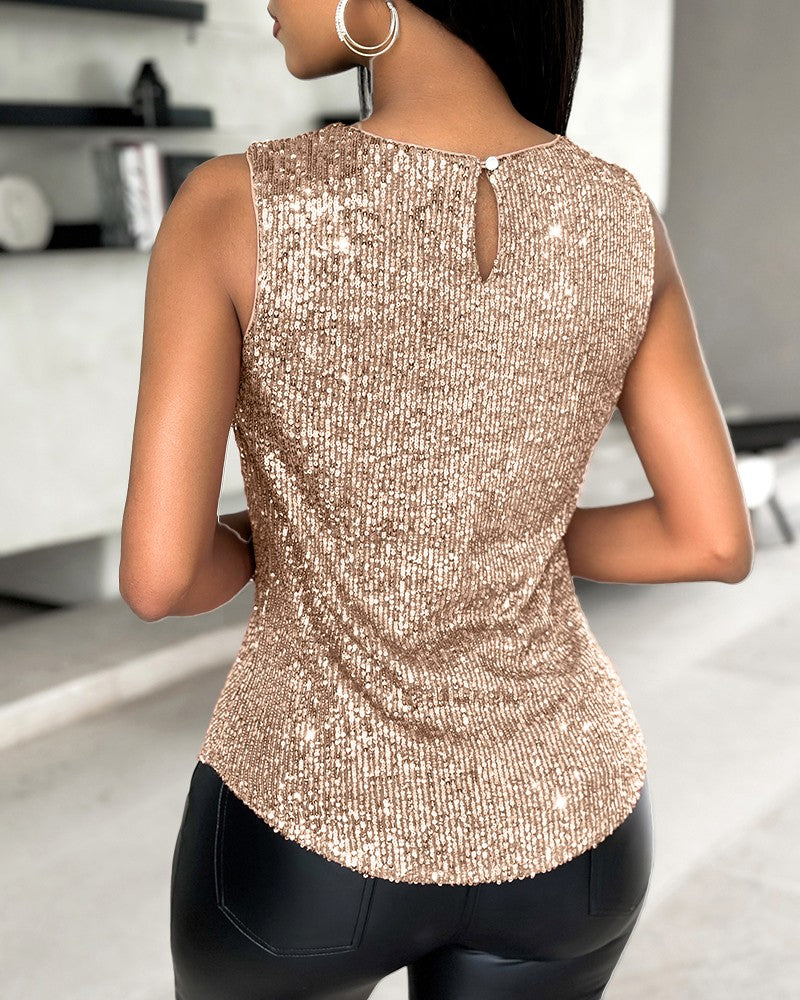 Allover Sequin Round Neck Tank Top