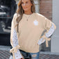 Colorblock Floral Pattern Tied Long Sleeve Lace Patch Sweatshirt