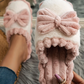 Fushia Bow Decor Color Block Ribbed Plush Slippers