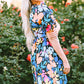 Blue Collared Split Neck Floral Flared Dress