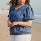 Sail Blue Plus Drawstring V Neck Puff Sleeve Denim Blouse