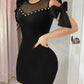 Cold Shoulder Beaded Bowknot Design Bodycon Dress Sheer Mesh Patch Mini Dress