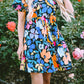 Blue Collared Split Neck Floral Flared Dress