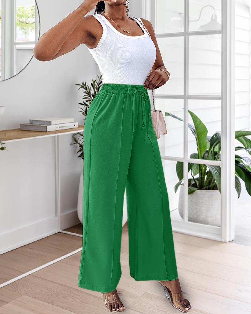 High Waist Drawstring Tied Detail Wide Leg Pants Casual Pants