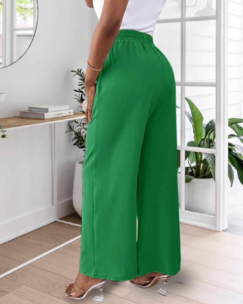 High Waist Drawstring Tied Detail Wide Leg Pants Casual Pants