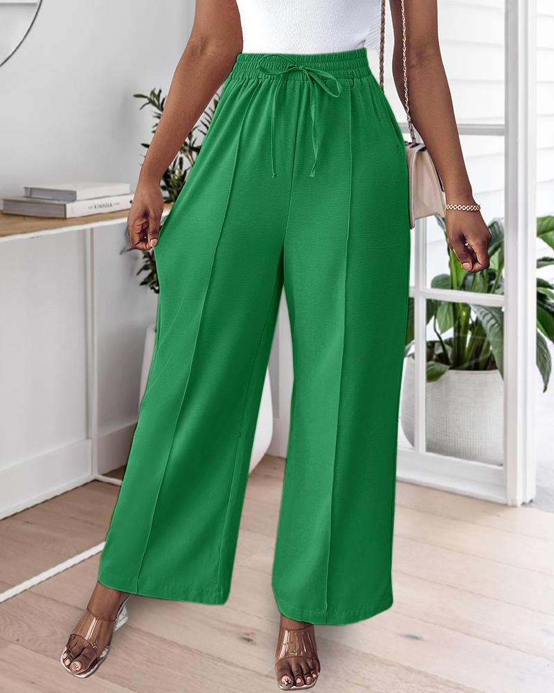 High Waist Drawstring Tied Detail Wide Leg Pants Casual Pants