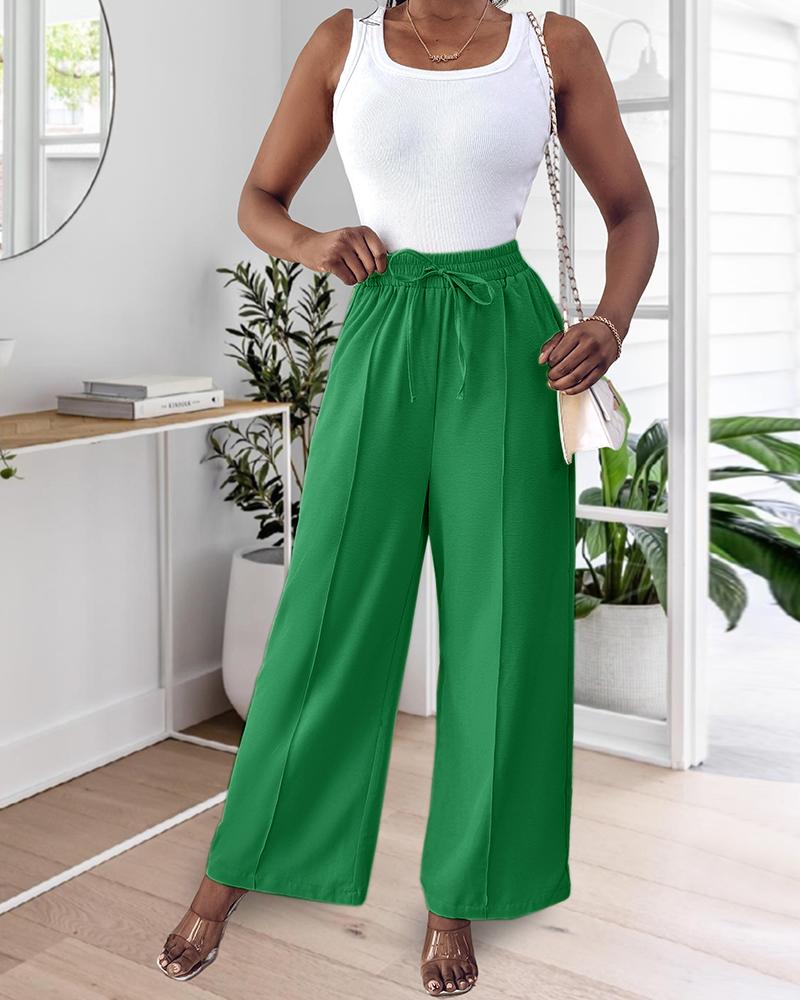 High Waist Drawstring Tied Detail Wide Leg Pants Casual Pants