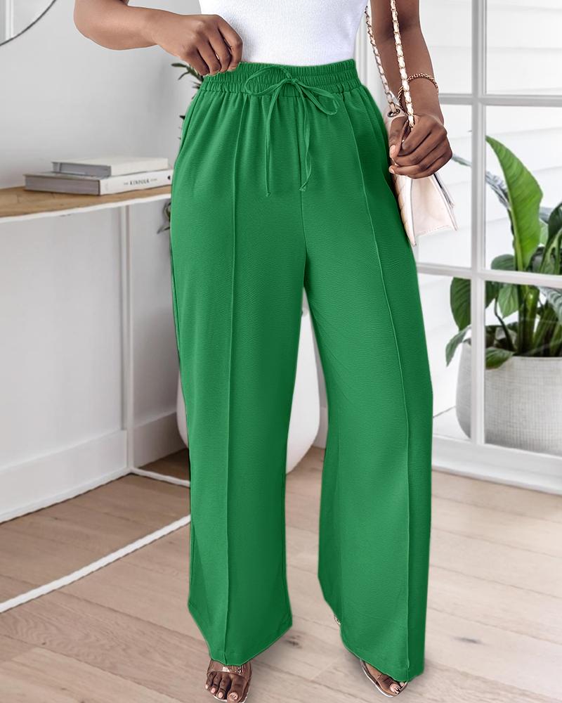 High Waist Drawstring Tied Detail Wide Leg Pants Casual Pants