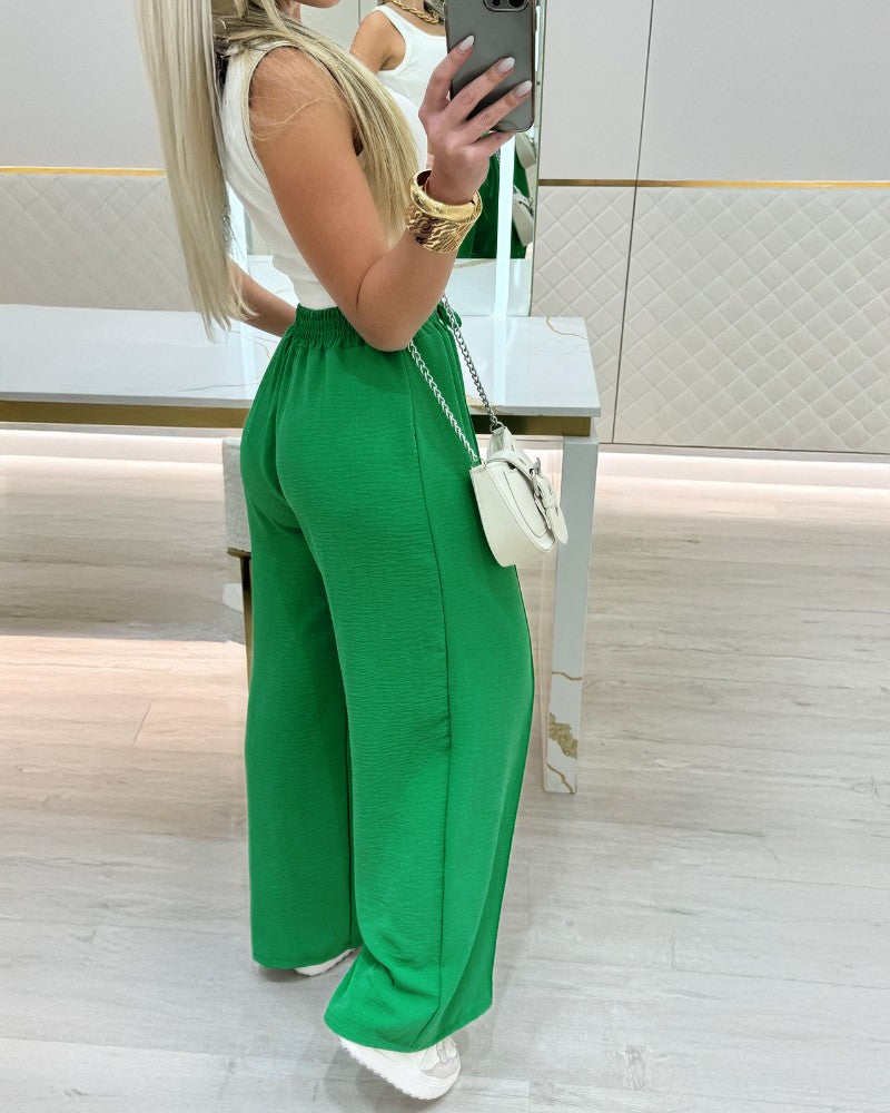 High Waist Drawstring Tied Detail Wide Leg Pants Casual Pants