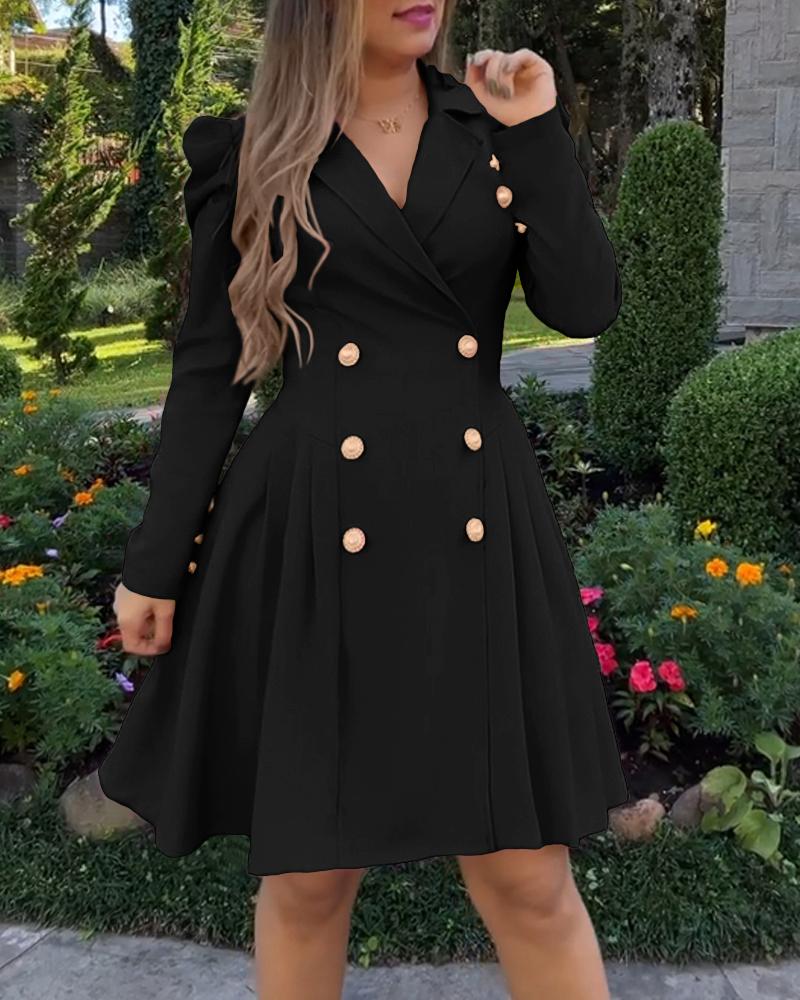 Notched Collar Puff Sleeve Double Breasted Cinch Waist Mini Dress Elegant Dress