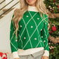 Dark Green Diamond Pattern Pom Accents Contrast Trim High Neck Sweater