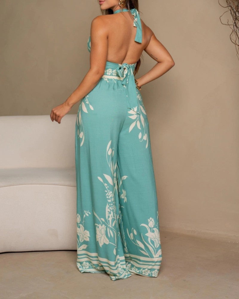 2 Piece Floral Print Sleeveless Tied Detail Tank Wide Leg Side Slit Long Pants Vacation Pants Set