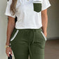 2 Pieces Colorblock Striped Print Short Sleeve Top and Casual Pocket Design Drawstring Pants Set