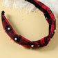 Red Dahlia Pearl Decor Christmas Plaid Knotted Headband