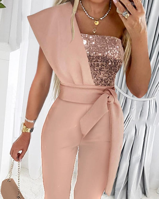 Contrast Sequin One Shoulder Jumpsuit